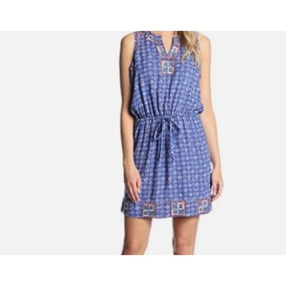 Irving & Fine Womens Large Dress Tank Sleeveless Floral Blue Blouson Pullover - Picture 8 of 8